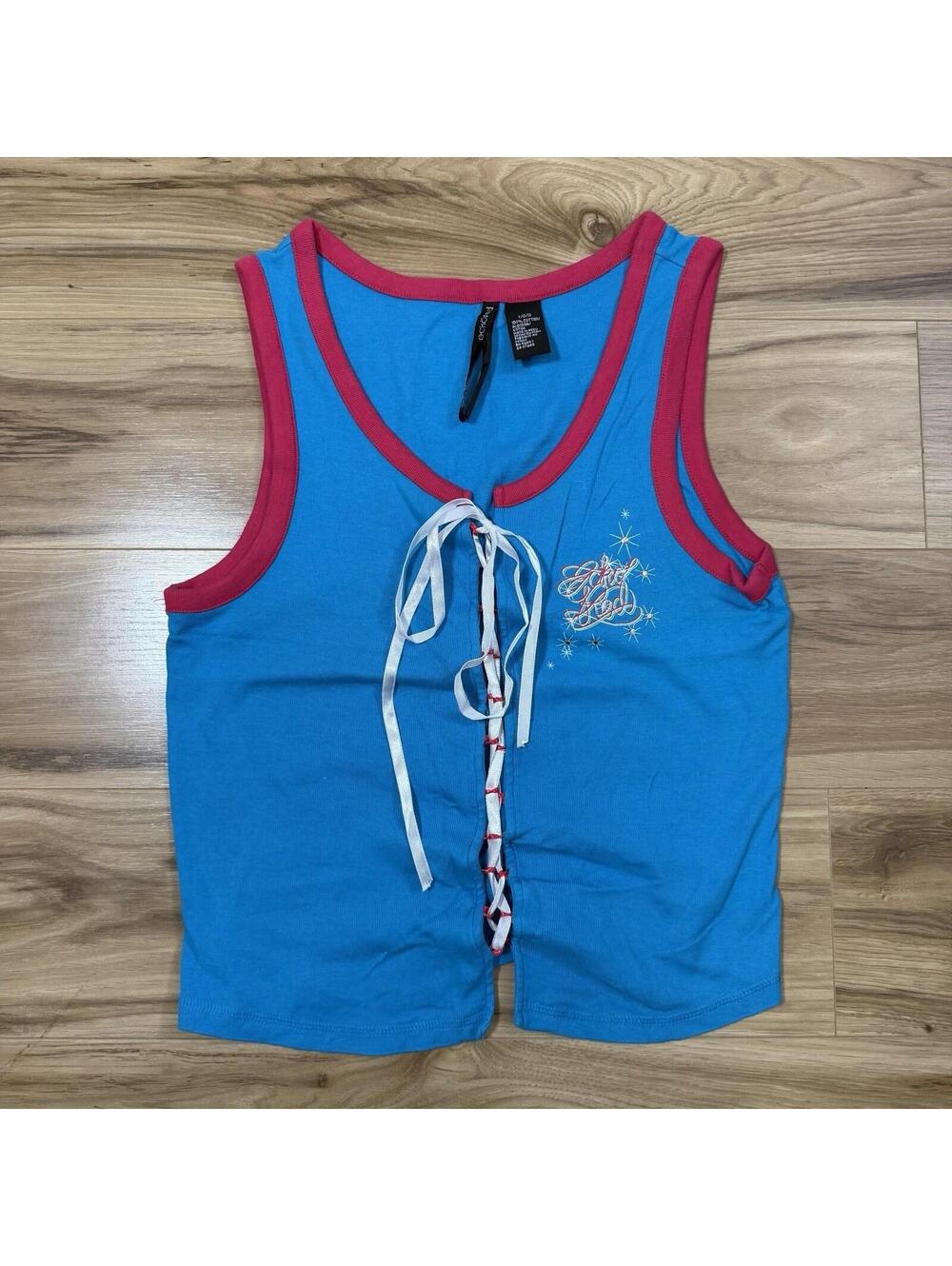 Ecko Red Lace-Up Tank Top Blue Pink Rhinestone Script Y2K McBling L Cotton